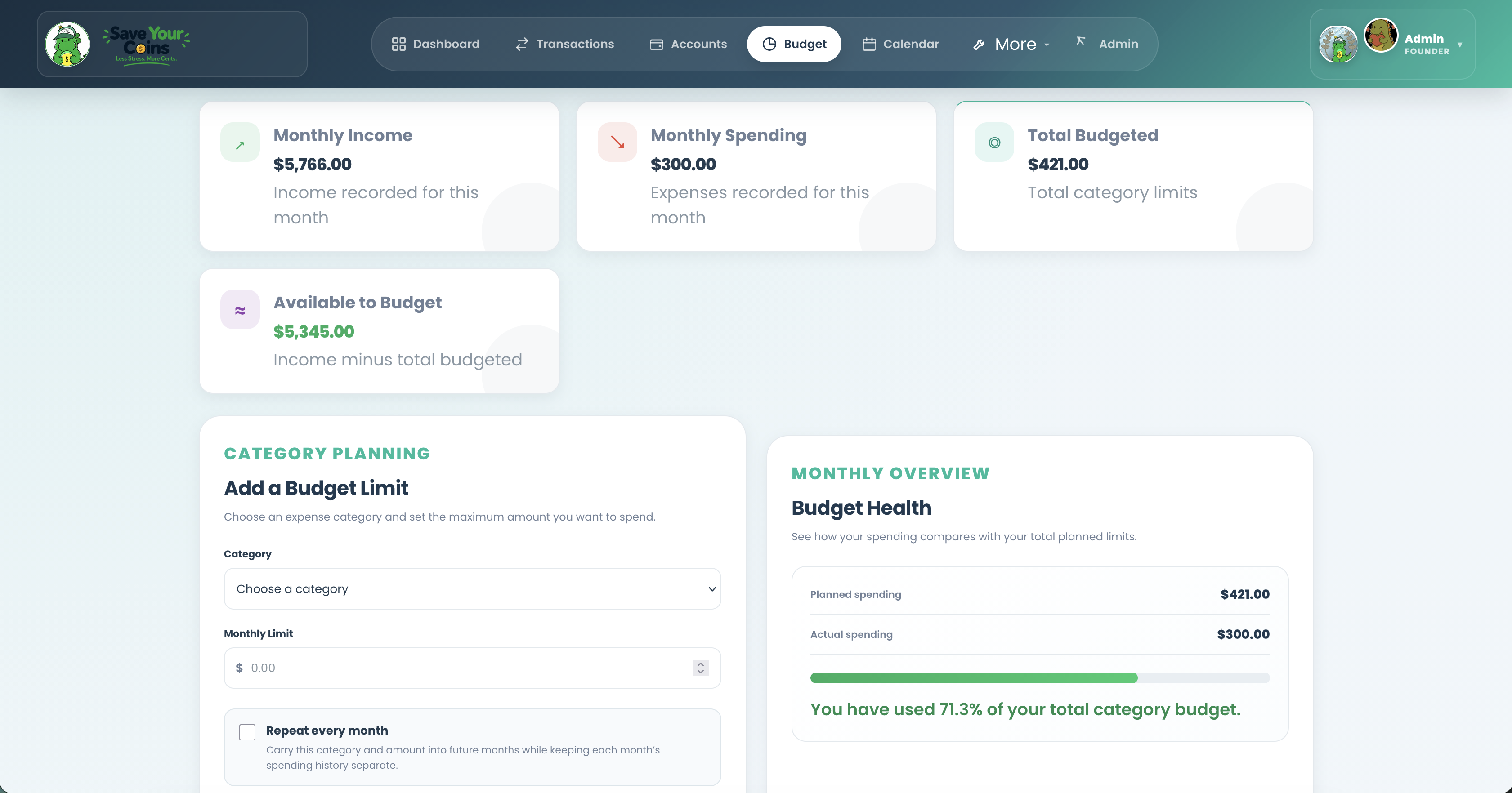 Save Your Coins budget page