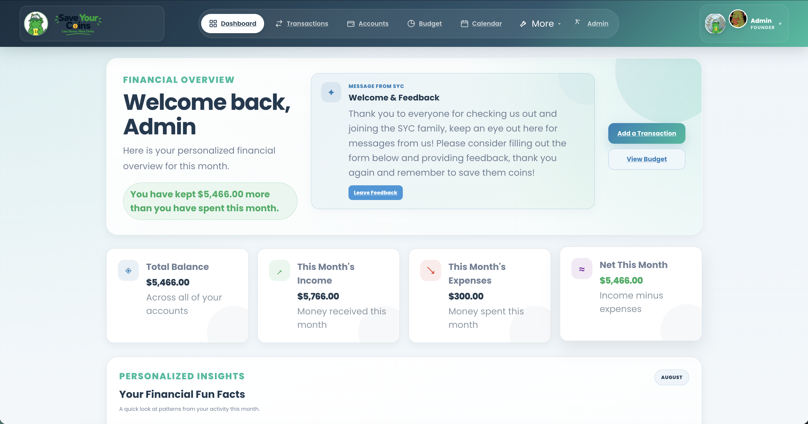Save Your Coins dashboard